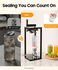 Before and after comparison of Heavy Duty Manual Cup Sealer For Soda And Tin Cups, sealing fresh drinks efficiently.