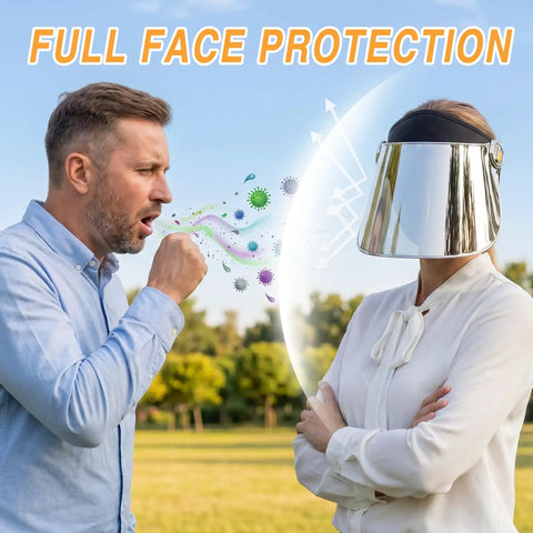 Person wearing reflective face shield against germs outdoors