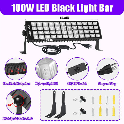Infographic of 100W LED Black Light Bar For Neon Glow Parties And Fluorescent Art, IP66 Waterproof With 6ft Cord And Switch details