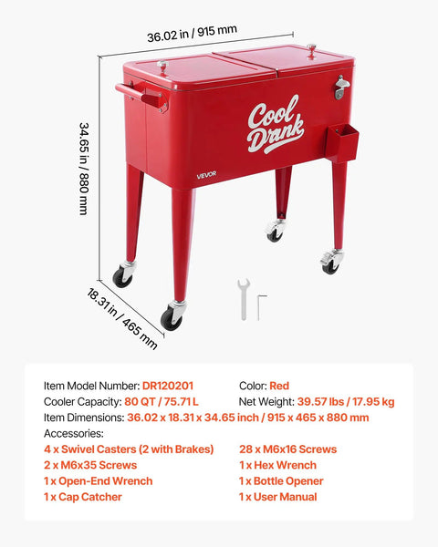 80 Quart Rolling Ice Chest With Divider And Bottle Opener Keeps 110 Cans Or 50 Bottles Cold On The Go Party Ready Portable Patio Beverage Cooler Cart With Four Swivel Casters Two Brakes Red