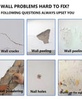 Image showing various wall problems like cracks, peeling, powdering, nail holes, and graffiti. Use 3 In 1 Wall Repair Kit Spackle Paste With Scraper For Quick Hole And Crack Fix On Drywall Waterproof Mending Agent For Professional Grade Patching Surface Smoothing No Mess DIY Friendly Finish for repairs.