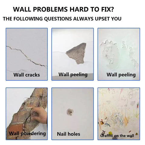 Image showing various wall problems like cracks, peeling, powdering, nail holes, and graffiti. Use 3 In 1 Wall Repair Kit Spackle Paste With Scraper For Quick Hole And Crack Fix On Drywall Waterproof Mending Agent For Professional Grade Patching Surface Smoothing No Mess DIY Friendly Finish for repairs.