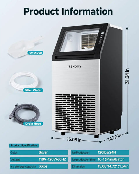 Crystal Clear Ice Cube Bar Grade Commercial Ice Maker 120 Lbs Per Day Stainless Steel Under Counter Freestanding Ice Machine dimensions and components.