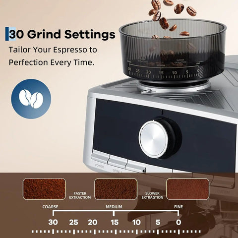 Sleek Stainless Steel Espresso Machine With Built In Grinder And Silky Milk Frother For Fresh Ground Magic And Zero Fuss Brewing Featuring 20 Bar Pressure And Large Reservoir Tank with 30 grind settings.