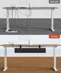 Before and after using 36 Inch Under Desk Cable Management Tray With Clamp And Screws, Large Fabric Cord Organizer, hides cables