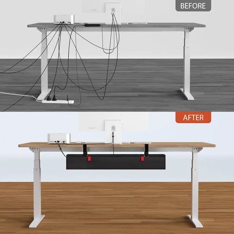 Before and after using 36 Inch Under Desk Cable Management Tray With Clamp And Screws, Large Fabric Cord Organizer, hides cables