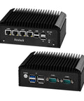 N150 Firewall Mini PC Crushing Network Tasks With 4X 2.5GbE i226V LAN And RS232 COM back view showcasing multiple ports and heatsink design.