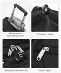 Detailed view of underseat carry on luggage with wheels for travel, 16 inch softside, showing aluminum handle, leather grip, lock, and zipper.