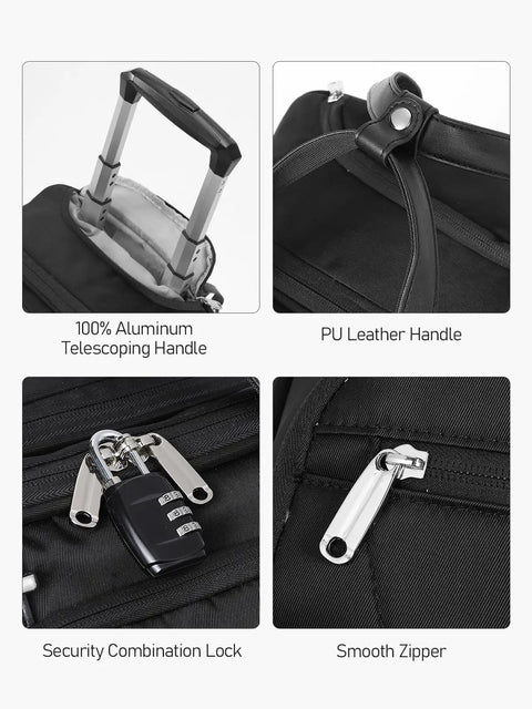 Detailed view of underseat carry on luggage with wheels for travel, 16 inch softside, showing aluminum handle, leather grip, lock, and zipper.