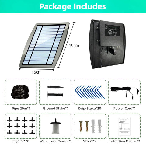 Package contents of Sun Powered Drip Irrigation System For Outdoor Gardens And Potted Plants Auto Water 20 To 30 Pots With 12 Timing Modes Solar Garden Watering Kit Waterproof Low Fuss Setup No Cord Needed