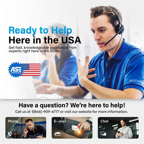 Customer service representative in headset offering Bluetooth OBD2 Scanner support, phone, email, and chat options displayed.