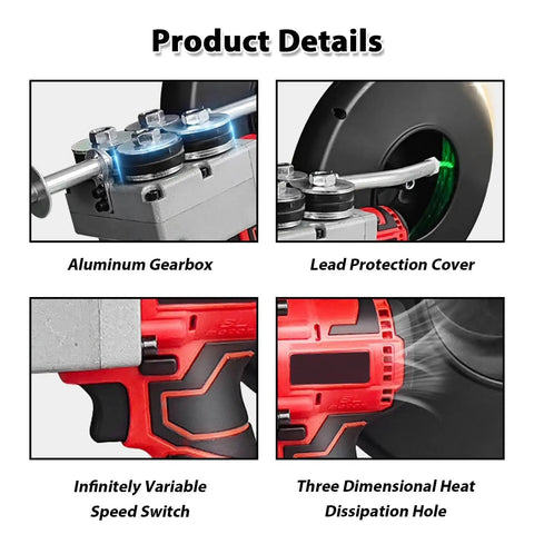 Product details of Heavy Duty Brushless Wire Tugger Electric Cable Pulling Machine, featuring aluminum gearbox and lead protection cover.