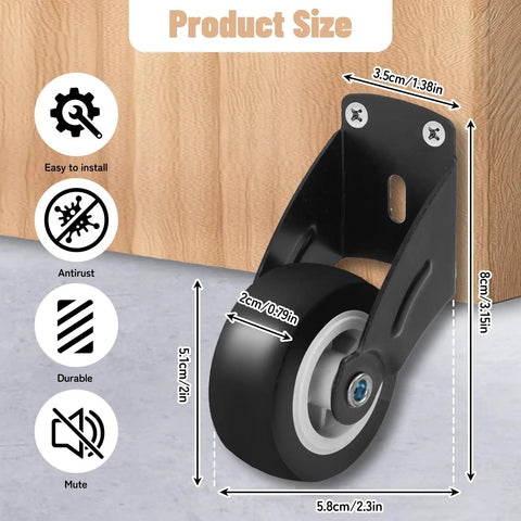Heavy Duty 2 Inch Gate Caster Wheels 8 Pack Kick Bottom Sag To The Curb So Your Swing Doors Roll Slick As Butter Without Extra Friction Or Grinding On Wood Vinyl Outdoor Tracks, showing black rubber wheel size dimensions.