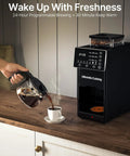 Compact Automatic Coffee Maker With Built In Grinder, Programmable Grind And Brew Kit for fresh coffee pouring into a cup.