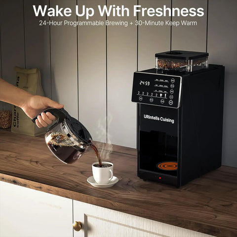 Compact Automatic Coffee Maker With Built In Grinder, Programmable Grind And Brew Kit for fresh coffee pouring into a cup.