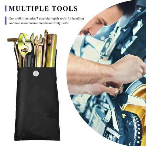 On The Go 7 Piece Motorcycle Repair Tool Kit With Wrench Pliers And Screwdrivers for emergency roadside bike repairs in use