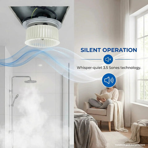 Qt80 Series Bathroom Fan Motor Replacement Compatible with 0695B000 shown with silent operation in bathroom setting