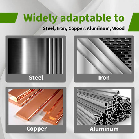 Image showing various materials: Steel, Iron, Copper, and Aluminum, showcasing versatility for Heavy Duty 6 Piece Annular Cutter Set Spanning Seven Eighths To Two Inches With Three Quarter Inch Welded Shank Built Tough As Nails With M2Al High Speed Steel For Knocking Out Precise Metal Holes Without Breaking A Sweat.