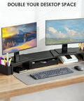 Front view of Dual Monitor Stand Riser With Drawer And Pen Holders Desk Organizer And Book Racks for office desk, holding two monitors.