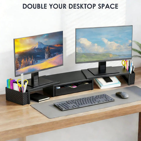 Front view of Dual Monitor Stand Riser With Drawer And Pen Holders Desk Organizer And Book Racks for office desk, holding two monitors.