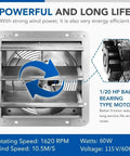 Front view of 12 Inch Wall Mounted Shutter Exhaust Fan With Temperature Controller And Power Cord Kit, Aluminum Louvers And Blades, 1600 RPM, 940 CFM, Go To Vent For Attic Garage Greenhouse Plant Rooms, Silver, showing powerful motor and specifications.