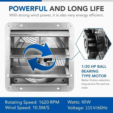 Front view of 12 Inch Wall Mounted Shutter Exhaust Fan With Temperature Controller And Power Cord Kit, Aluminum Louvers And Blades, 1600 RPM, 940 CFM, Go To Vent For Attic Garage Greenhouse Plant Rooms, Silver, showing powerful motor and specifications.