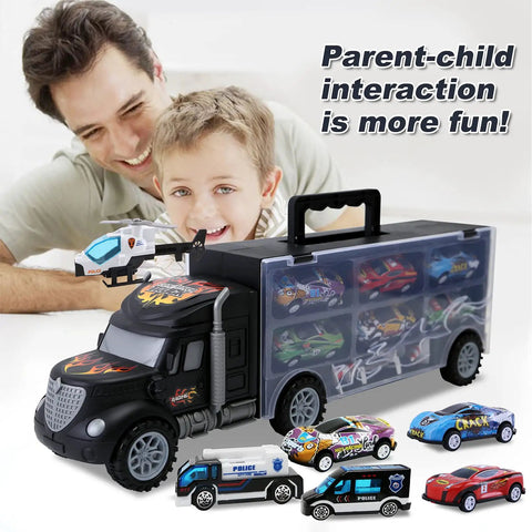 Father and son play with Big Transport Car Carrier Set With 12 Die Cast Vehicles And 8 Traffic Signs For Kids Ages 3 To 7