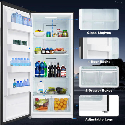 Interior view of Big Boy 21 Cubic Foot Upright Freezer And Convertible Refrigerator With Glass Shelves showing food storage features.