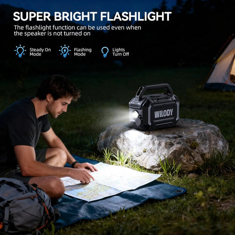 Man using map near Beast 100W Bluetooth Outdoor Speaker With IPX7 Waterproof Floatable Design at night