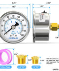 Stainless Steel Dry Pressure Gauge 0-200 Psi, 2 Inch Dial, Center Back Mount, Includes NPT Bushings and Teflon Tape