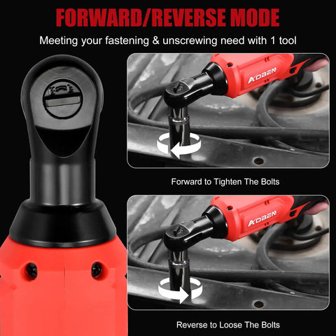 20V Cordless Ratchet Wrench Kit with Badass Brushless Motor, showing forward/reverse mode for fastening and unscrewing bolts