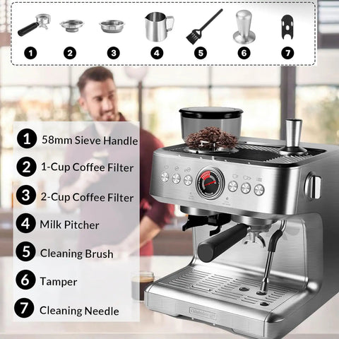 Semi Automatic Espresso Machine With Built In Grinder And Fast Milk Frother For Authentic Cappuccino Latte Coffee No Fuss Daily Grind Smooth Sipping with included accessories.