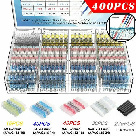 Grab This Banger 400PC Solder Seal Sleeve Heat Shrink Butt Wire Connectors Terminal Kit With Waterproof Sealing For Durable Welding Work And Tough Wiring Jobs That Never Fail On Any Project. 400-piece boxed kit with assorted heat shrink solder seal connectors