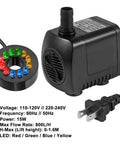 Water Fountain Pump With LED Lights 15W For Aquariums And Ponds, 260GPH Flow, 110V Power, Includes 12 LED Beads With Auto Color Change