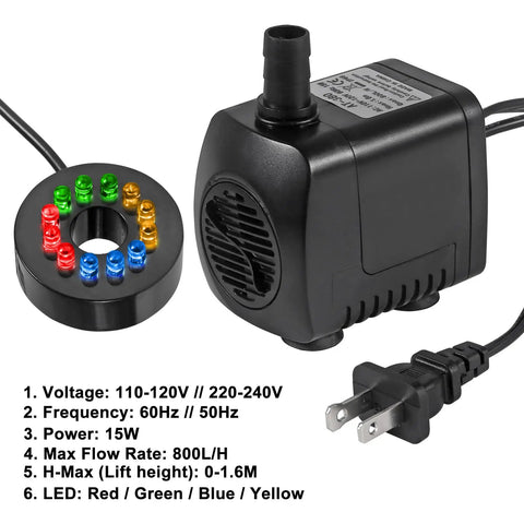 Water Fountain Pump With LED Lights 15W For Aquariums And Ponds, 260GPH Flow, 110V Power, Includes 12 LED Beads With Auto Color Change