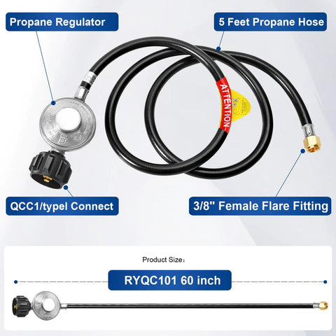 Five Foot Propane Regulator Hose For Grills And Fire Pits With Three Eighths Inch Female Flare Nut Ideal For Weber Blackstone