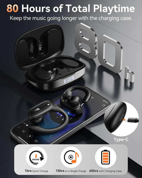 Wireless Earbuds With Bluetooth 5.4, 80 Hour Playtime, Sport Hooks, Noise Canceling, IPX7 Waterproof, LED Display, Jet Black