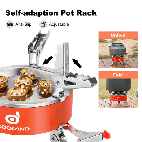 Self-adapting pot rack on 9000W Portable Camping Stove with windproof design for outdoor cooking.