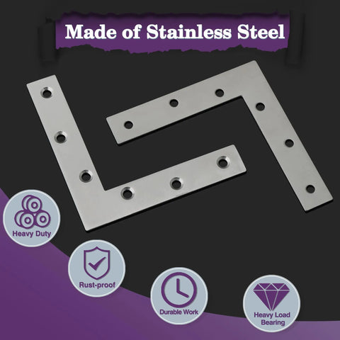 Pro Level Stainless Steel L Brackets For Wood With Smooth Brushed Finish Built Tough Heavy Duty Corner Braces Mending Plates That Really Nail Your Next Build Together 8 Pack, featuring two heavy-duty brackets.