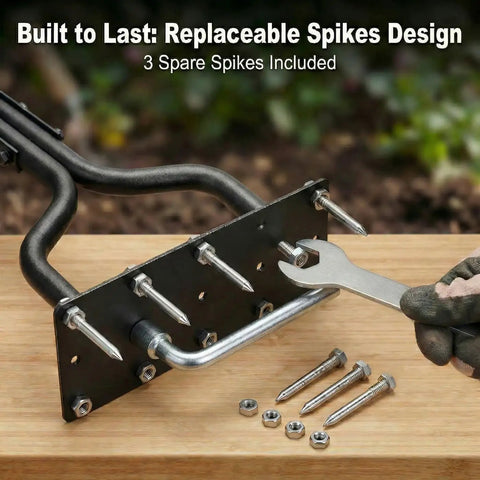 15 Thick Spikes Lawn Aerator Tool With Weldless U Shaped Handle for yard care, showing replaceable spikes and spare parts.