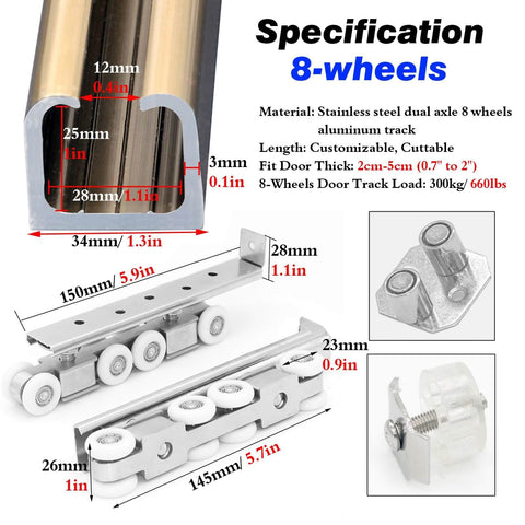 Beefy Aluminum Sliding Door Track Kit For Closet And Gate Doors, Multiple Lengths From 2 Ft To 30 Ft, Includes Rollers And Replacement Hardware, Brown Finish
