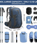 40L Lightweight Hiking Backpack With Rain Cover Ripstop 210D Nylon Daypack and camping gear items layout