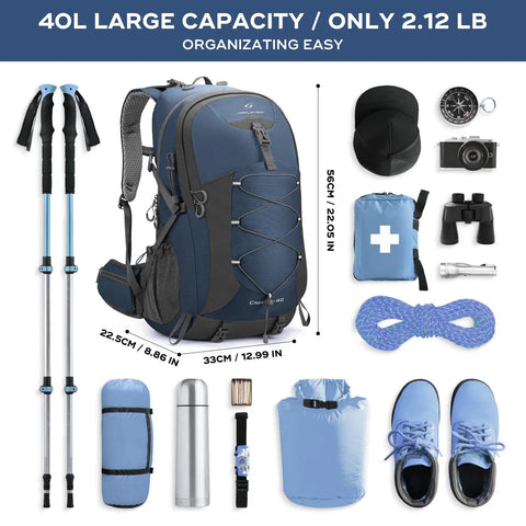 40L Lightweight Hiking Backpack With Rain Cover Ripstop 210D Nylon Daypack and camping gear items layout