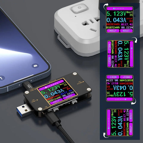 2 In 1 Digital USB Tester Meter With Type C Connector USB C Voltage Current Power Capacity Ammeter Voltmeter PD Battery Gauge QC Two Point Zero And Three Point Zero Fast Charge Recognition Cable Impedance Tester Checking Charging Speed on desk with power strip.