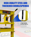 Badass 20 Ton Hydraulic Shop Press Hella Sturdy H Frame Build With Slick Adjustable Work Table And Smooth Acting Ram For Tough Garage Automotive Fixes In Bright Yellow Paint, showcasing high-quality steel and thickened double springs.