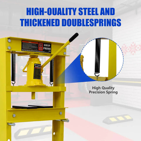 Badass 20 Ton Hydraulic Shop Press Hella Sturdy H Frame Build With Slick Adjustable Work Table And Smooth Acting Ram For Tough Garage Automotive Fixes In Bright Yellow Paint, showcasing high-quality steel and thickened double springs.