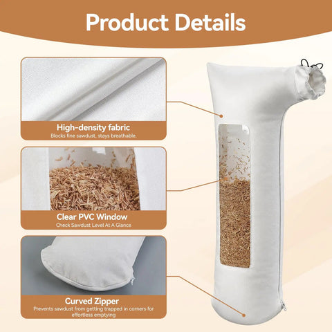 Heavy Duty Table Saw Dust Collector Bag With Clear View Window For 10 Inch Table Saws And 2 Point Five Inch Fittings, high-density fabric and curved zipper