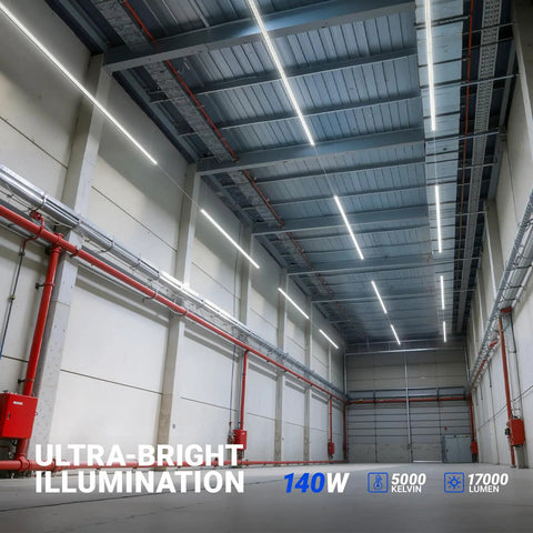 8 Foot LED Shop Light With 140W Output And 17000 Lumens, 5000K Daylight, U Shaped Three Rows Design installed in warehouse
