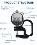 Pro Grade Digital Thickness Gauge 0-12.7mm 0.5 Inch with LCD Display showing labeled parts and structure.