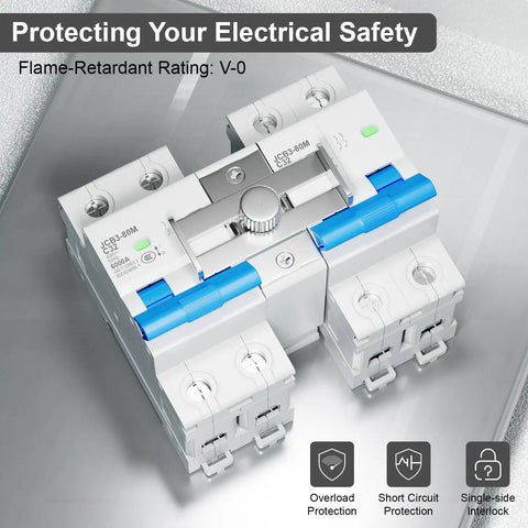 32 Amp Dual Power Manual Transfer Switch With IP65 Waterproof Box Includes Two Pole Circuit Breakers, Single Side Slide Lock
